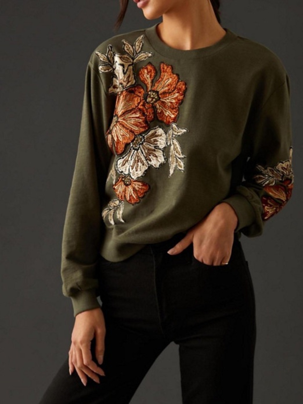 Anthropologie Floral Appliqué Sweatshirt Size S Green Floral - Picture 3 of 6